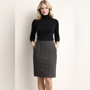 Lands’ End Skirt | Navy Gray Herringbone | Elastic Waist | Pockets | Size 10–12